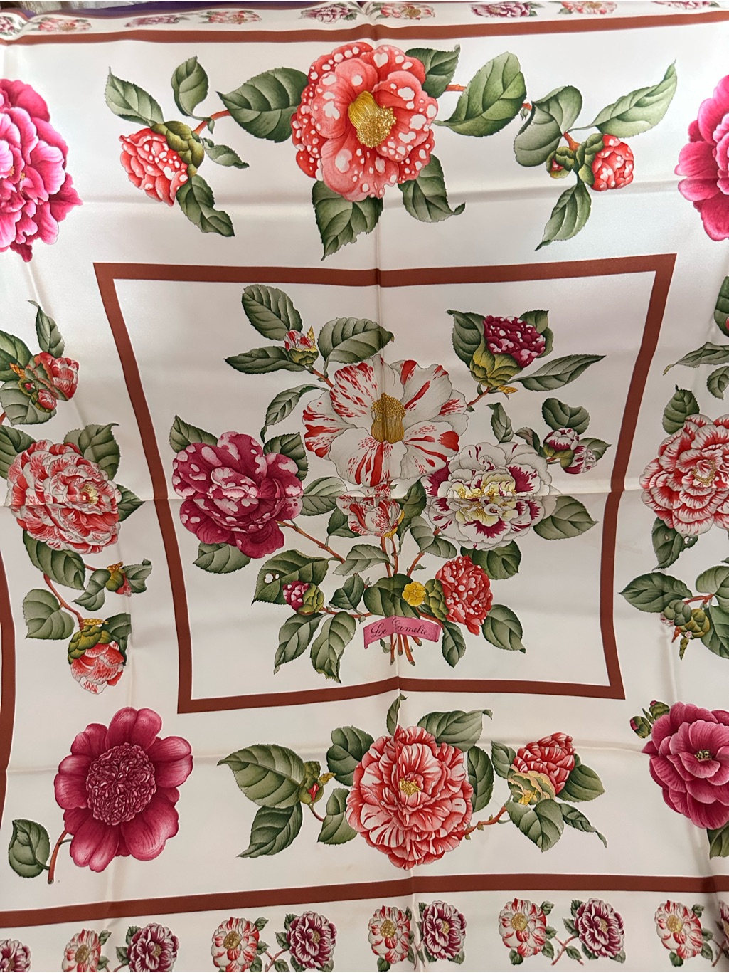 Gucci Camellia Floral Print Silk Scarf W/ Purple Borders Item # 1224177